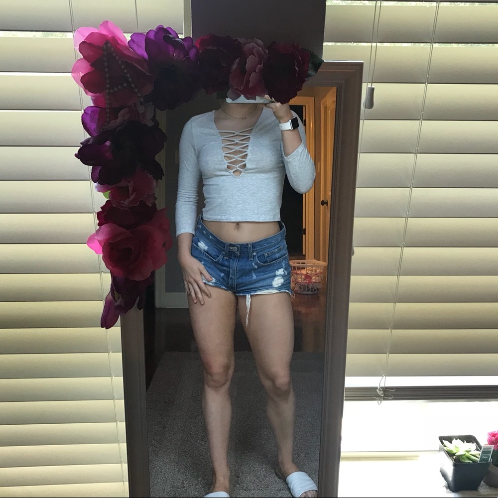 3/4 Sleeve Crop Top Lace Up Front